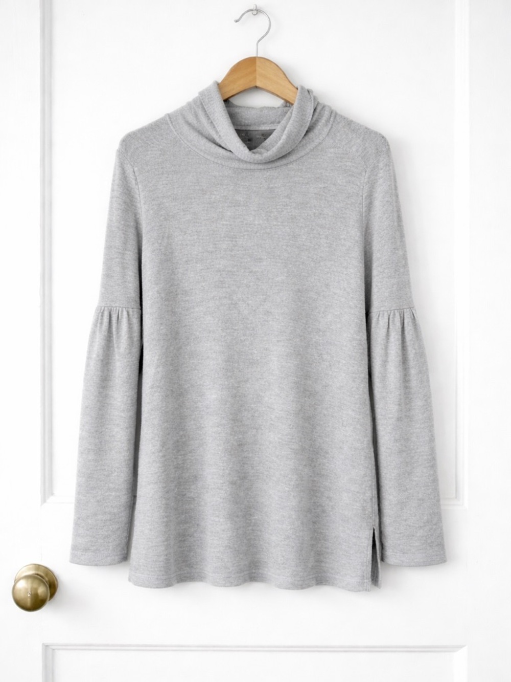Anthropologie Light Gray Cowlneck Bell Sleeve Sweater Sz XL